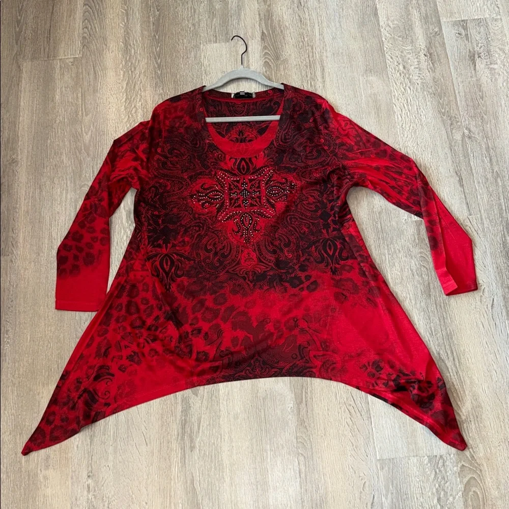 Long sleeve red black embellished gothic witchy edgy tunic shark bite hem Y2K XL